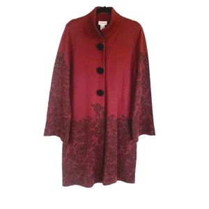 Soft Suroundings coat knit Large button snap‎ bell sleeve maroon black roses